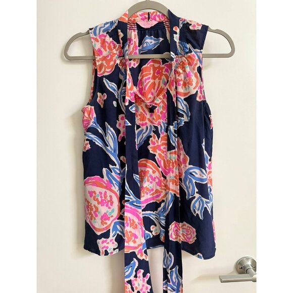 Lilly Pulitzer Dahlia Silk Top in Navy Bright Pom Pom Print - Picture 2 of 8